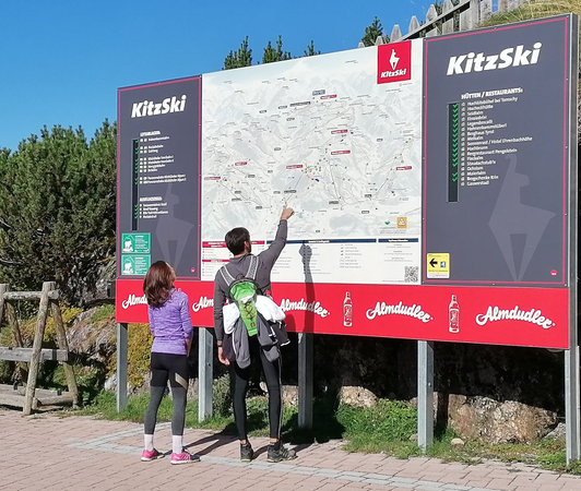 Panorama Info System with Almdudler advertising board in the Kitzbühel ski area