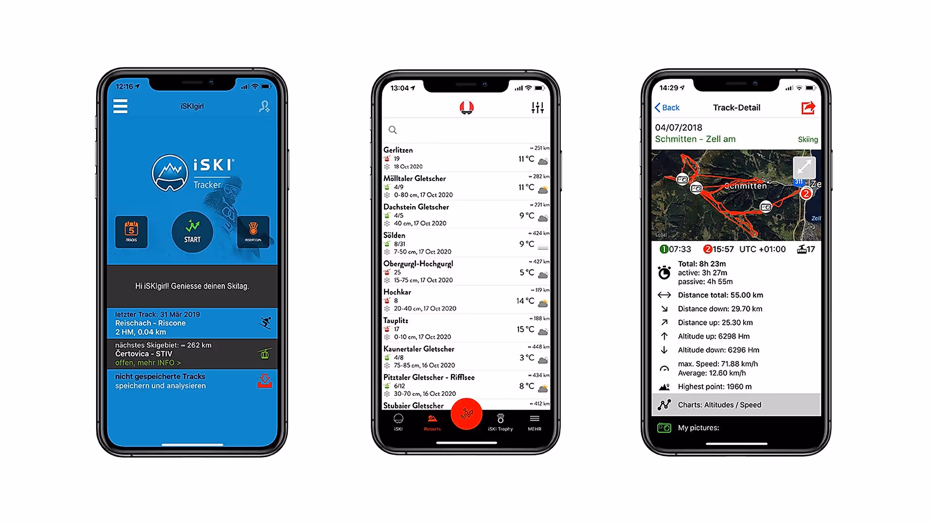 iSKI Tracker - start screen, resort list with tracking button, track detail