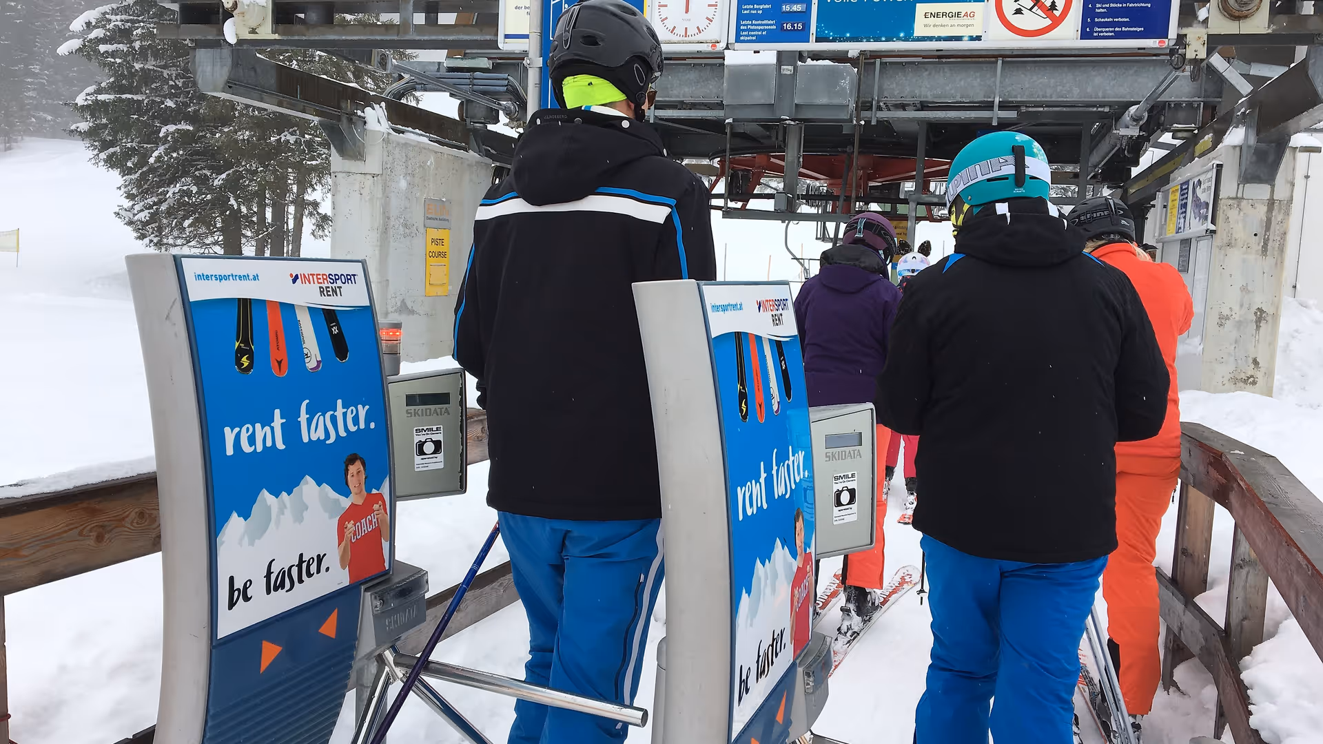Intersport Rent advertising at check controls in the Hinterstoder-Wurzeralm ski resort, Hinterstoder Austria