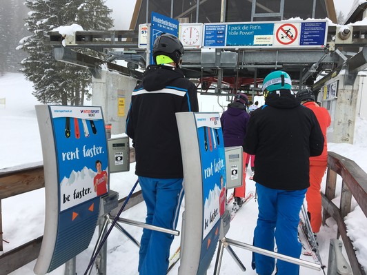 Intersport Rent advertising at check controls in the Hinterstoder-Wurzeralm ski resort, Hinterstoder Austria