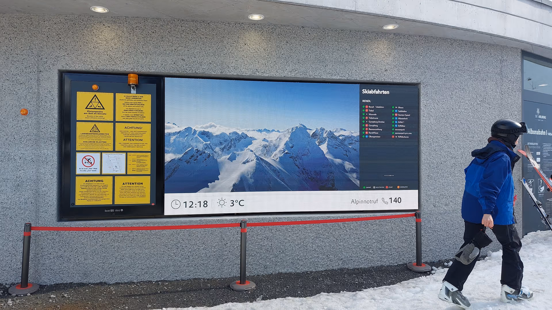 Panorama info system as LED video wall at the valley station of the Albonabahn in the Stuben am Arlberg ski area