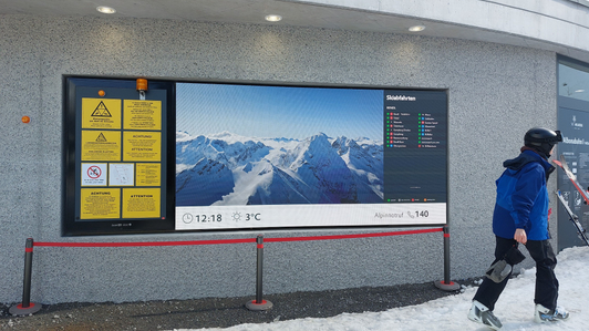 Panorama info system as LED video wall at the valley station of the Albonabahn in the Stuben am Arlberg ski area
