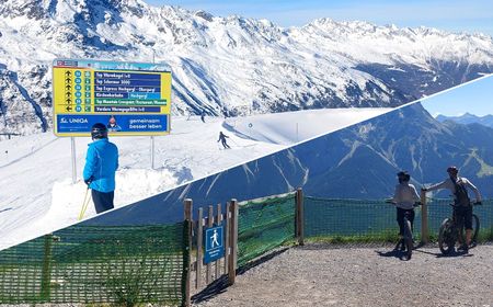 Kollage aus eine Winter- und Sommerfoto mit einem Skifahrer vor einem Pistenleitsystem und einer verschneiten Bergkette und zwei Mountainbikern vor einer Bergkulisse im Sommer