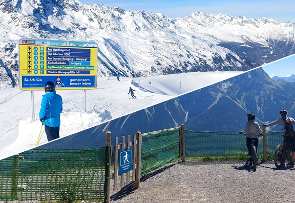Kollage aus eine Winter- und Sommerfoto mit einem Skifahrer vor einem Pistenleitsystem und einer verschneiten Bergkette und zwei Mountainbikern vor einer Bergkulisse im Sommer