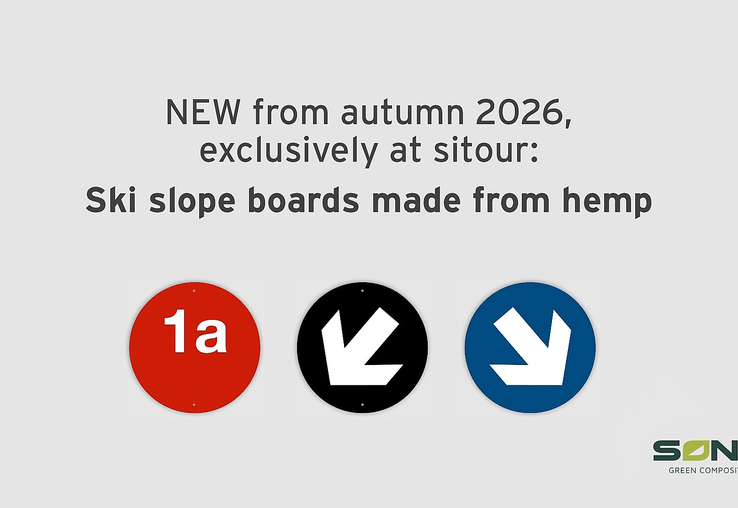 slide from the “Sitour Safety Signage” presentation showing a red ski slope sign and a blue and black edge marker arrow