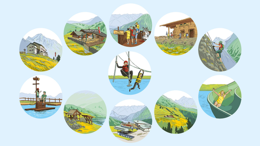 Illustration of all illustrated icons for the leisure activities in the Hochötz summer mountain region