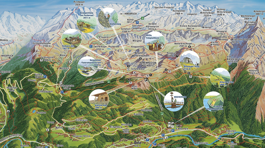 Sommerpanoramakarte mit illustrierten Icons zu den Freizeitmöglichkeiten in der Bergregion Hochötz