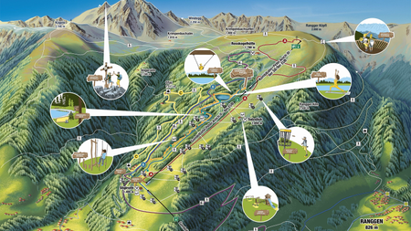 Sommerpanoramakarte mit illustrierten Icons zu den Freizeitmöglichkeiten im Sommer in der Bergregion Oberperfuss