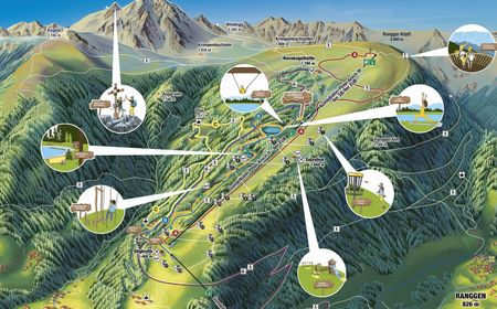 Sommerpanoramakarte mit illustrierten Icons zu den Freizeitmöglichkeiten im Sommer in der Bergregion Oberperfuss