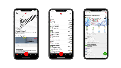 iSKI app - start screen, resort list, selected ski area with information