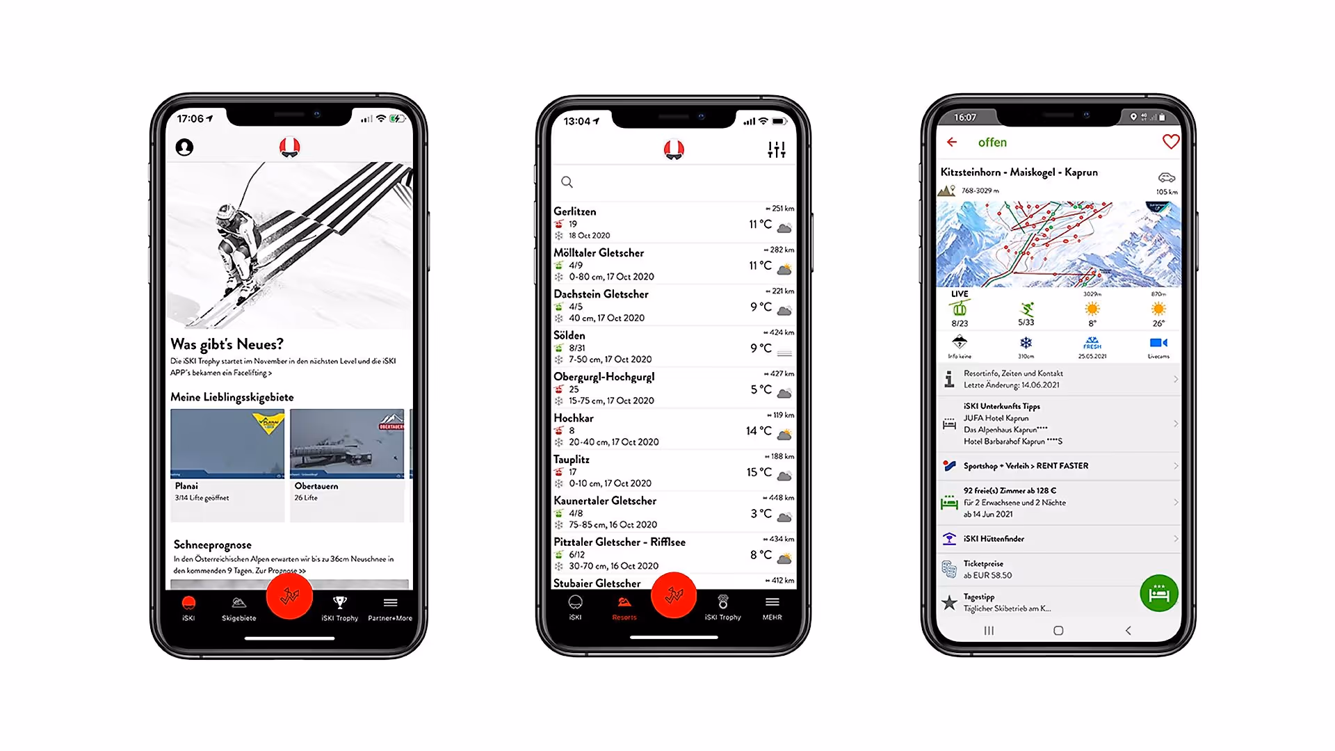 iSKI App - Startbildschirm, Resortliste, ausgewähltes Skigebiet mit Infos