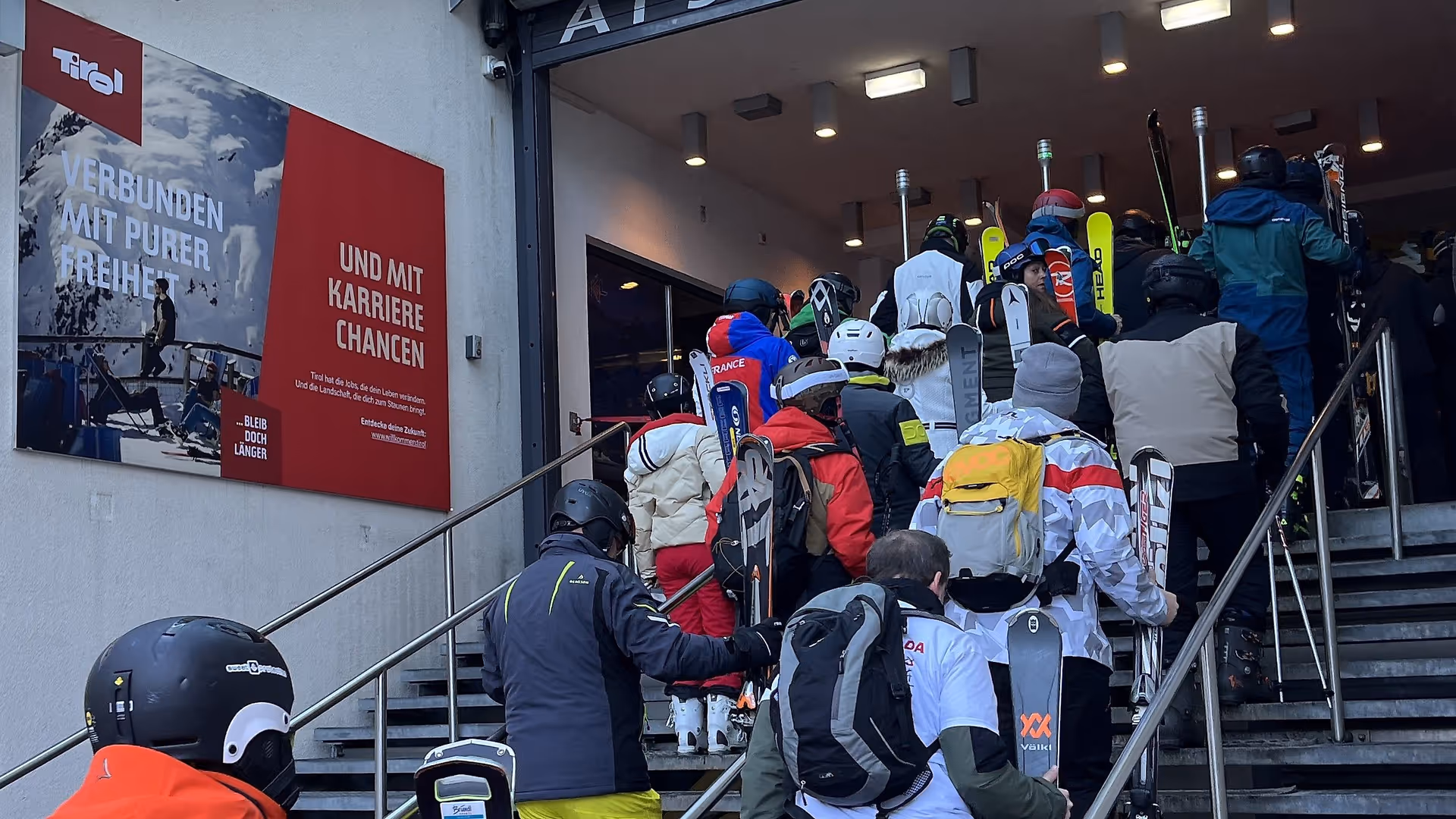 Outdoor Impact Tirol Werbung at a valley station in the Ischgl ski resort