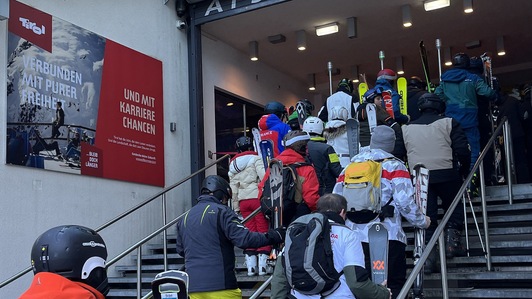 Outdoor Impact Tirol Werbung at a valley station in the Ischgl ski resort