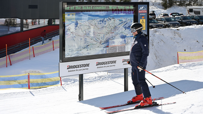 Panorama Info System with winter panorama, LED spots in the panorama image, LED ticker and static information board for safety information