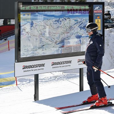 Panorama Info System with winter panorama, LED spots in the panorama image, LED ticker and static information board for safety information