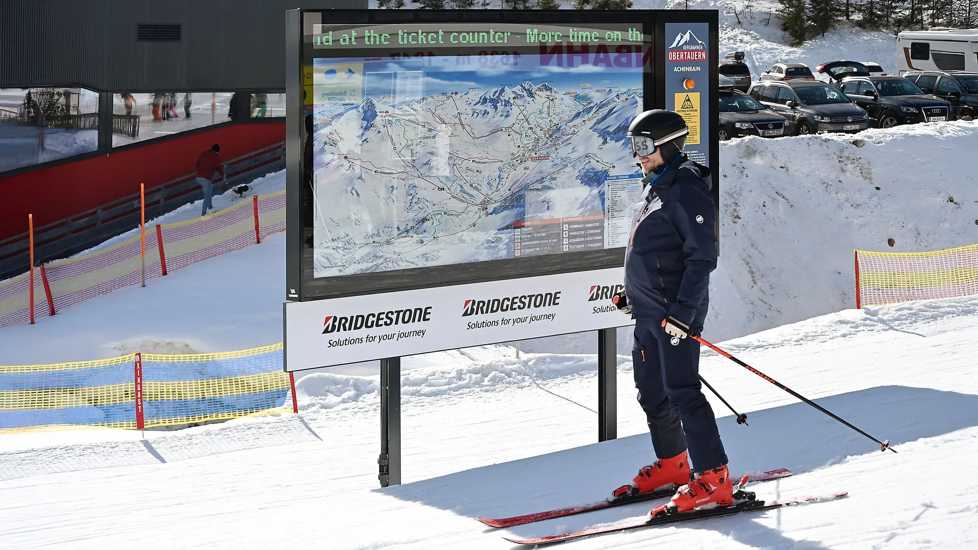 Panorama Info System with winter panorama, LED spots in the panorama image, LED ticker and static information board for safety information