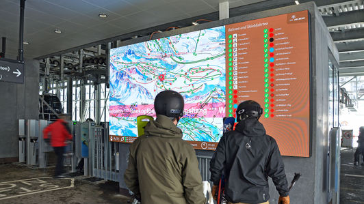 Panorama information system as an LED video wall at a valley station in the St. Anton am Arlberg ski area