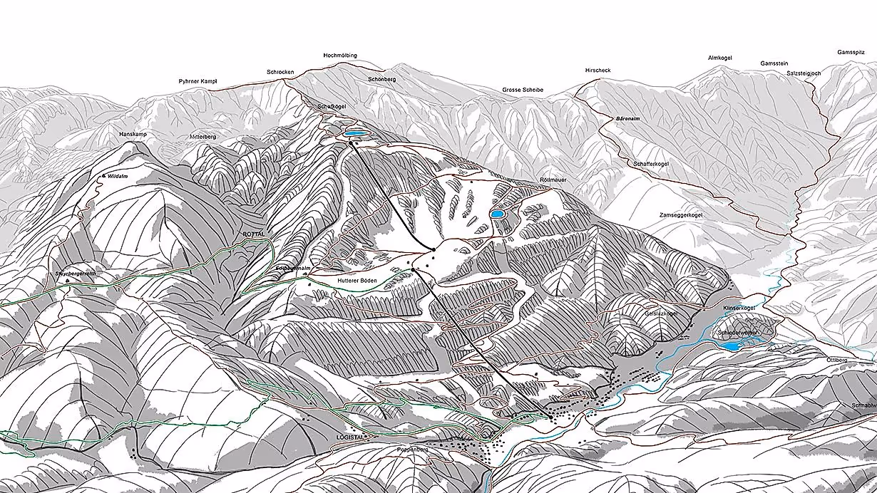 Skizze der Sommerpanoramakarte vom Wandergebiet Hinterstoder