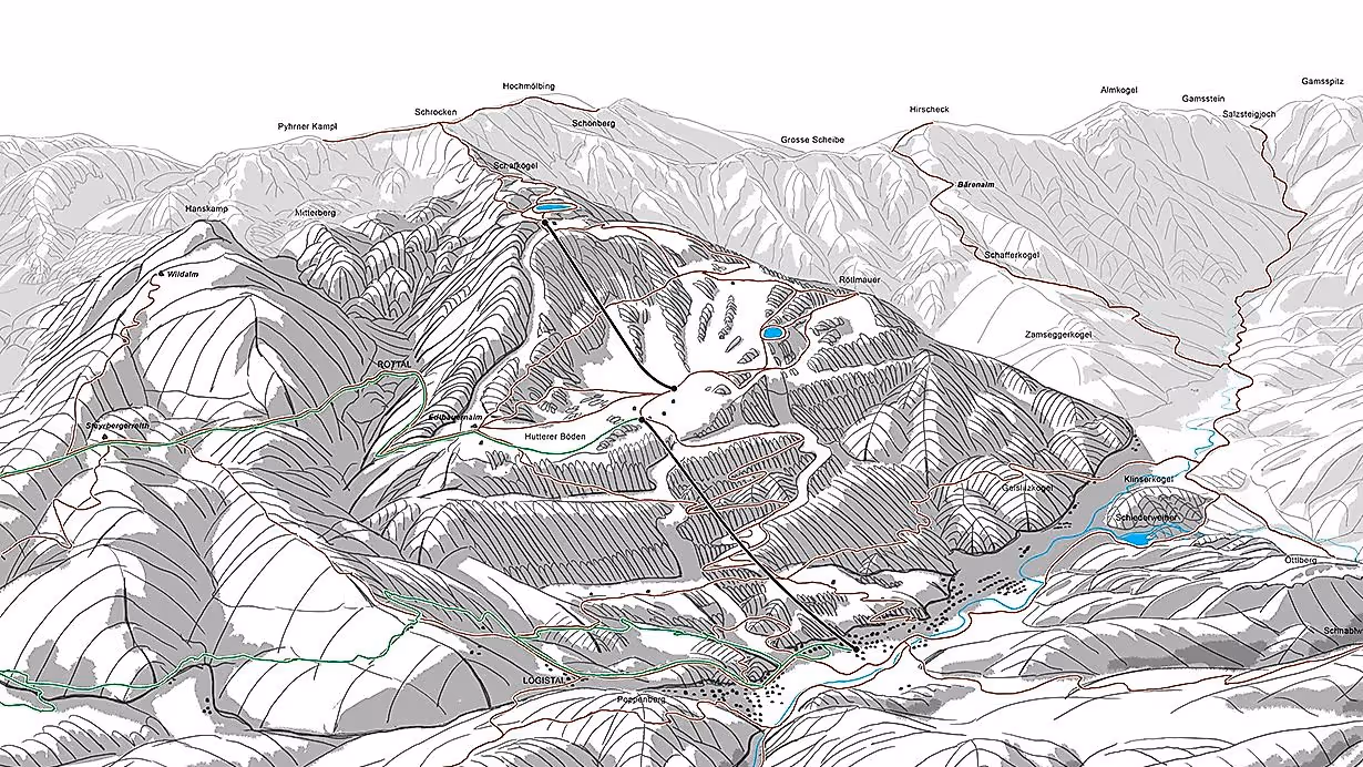 Sketch of the summer panoramic map of the Hinterstoder hiking area