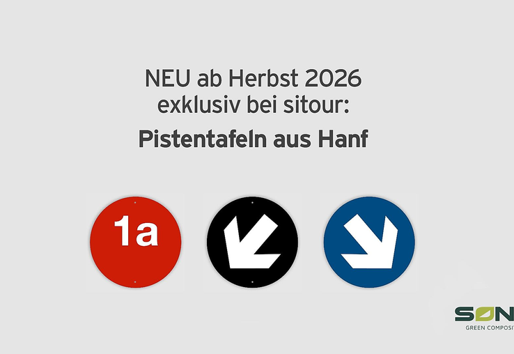 Folie aus der Präsentation sitour Sicherheitsbeschilderung mit einer roten Pistentafel, einem blauen und schwarzen Randmarkierungspfeil