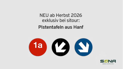Folie aus der Präsentation sitour Sicherheitsbeschilderung mit einer roten Pistentafel, einem blauen und schwarzen Randmarkierungspfeil
