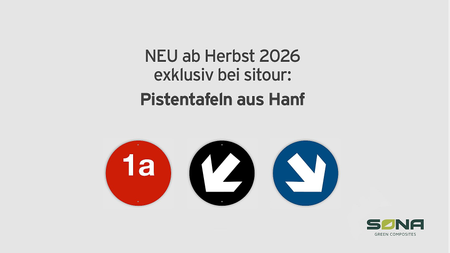 Folie aus der Präsentation sitour Sicherheitsbeschilderung mit einer roten Pistentafel, einem blauen und schwarzen Randmarkierungspfeil
