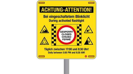 Die sitour Pistensperrtafel mit Sperrsymbol, Sperrzeitraum und Gefahrensymbolen als Warnschild bei bestimmten Gefahrensituationen.