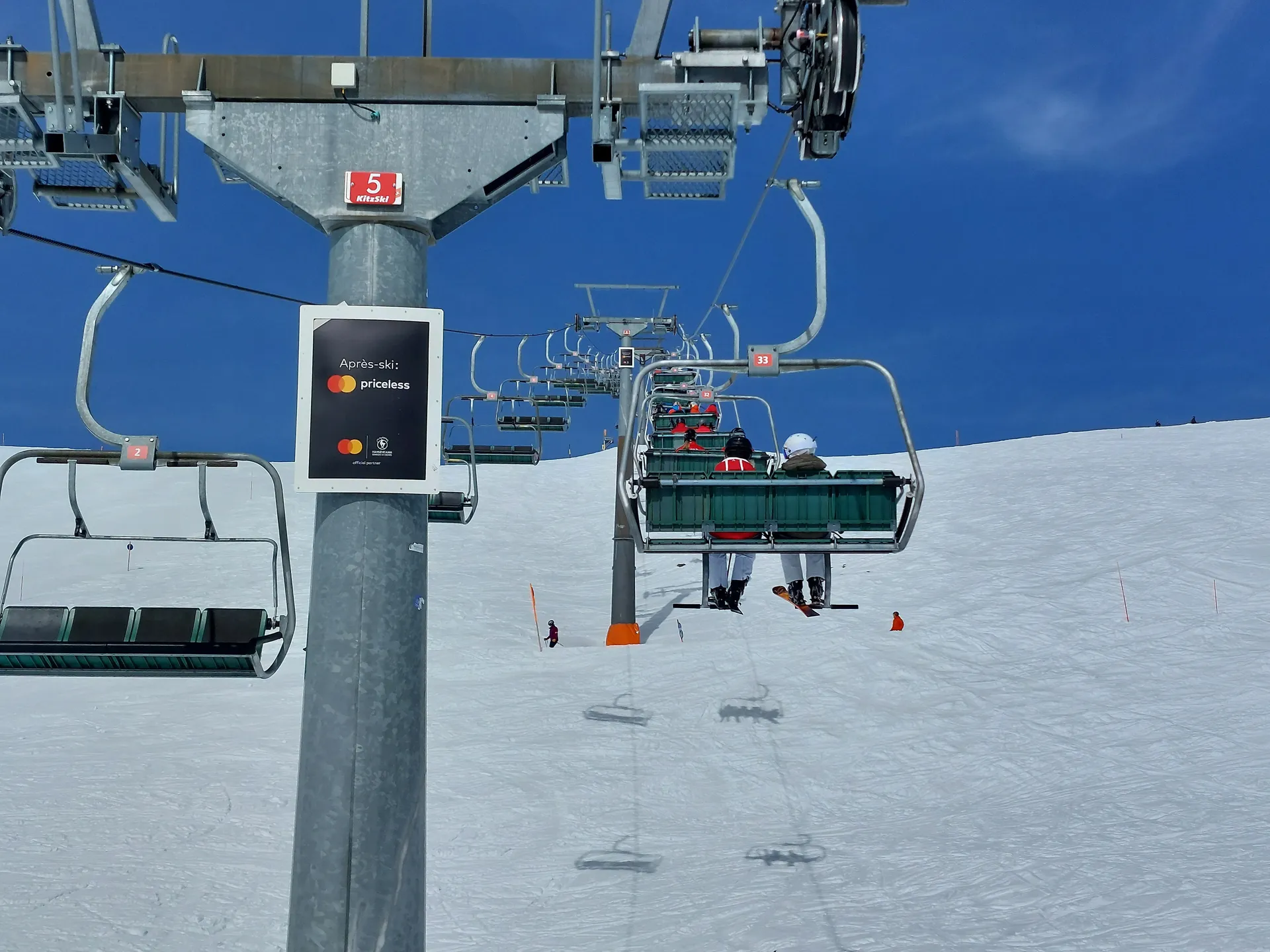 Ski lift pylon advertising with Mastercard motif in the KitzSki ski area in Kitzbühel, Austria