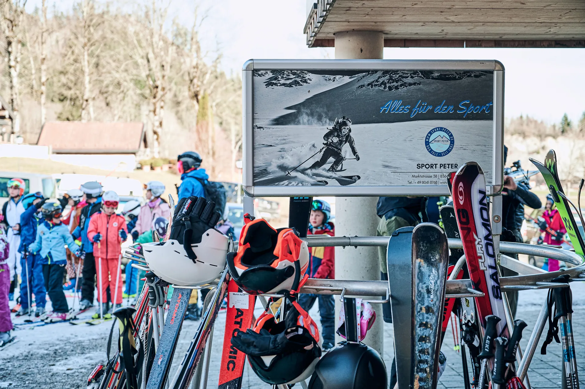 Ski rack with advertising space from Sport Peter in the Brauneck ski area, Lenggries