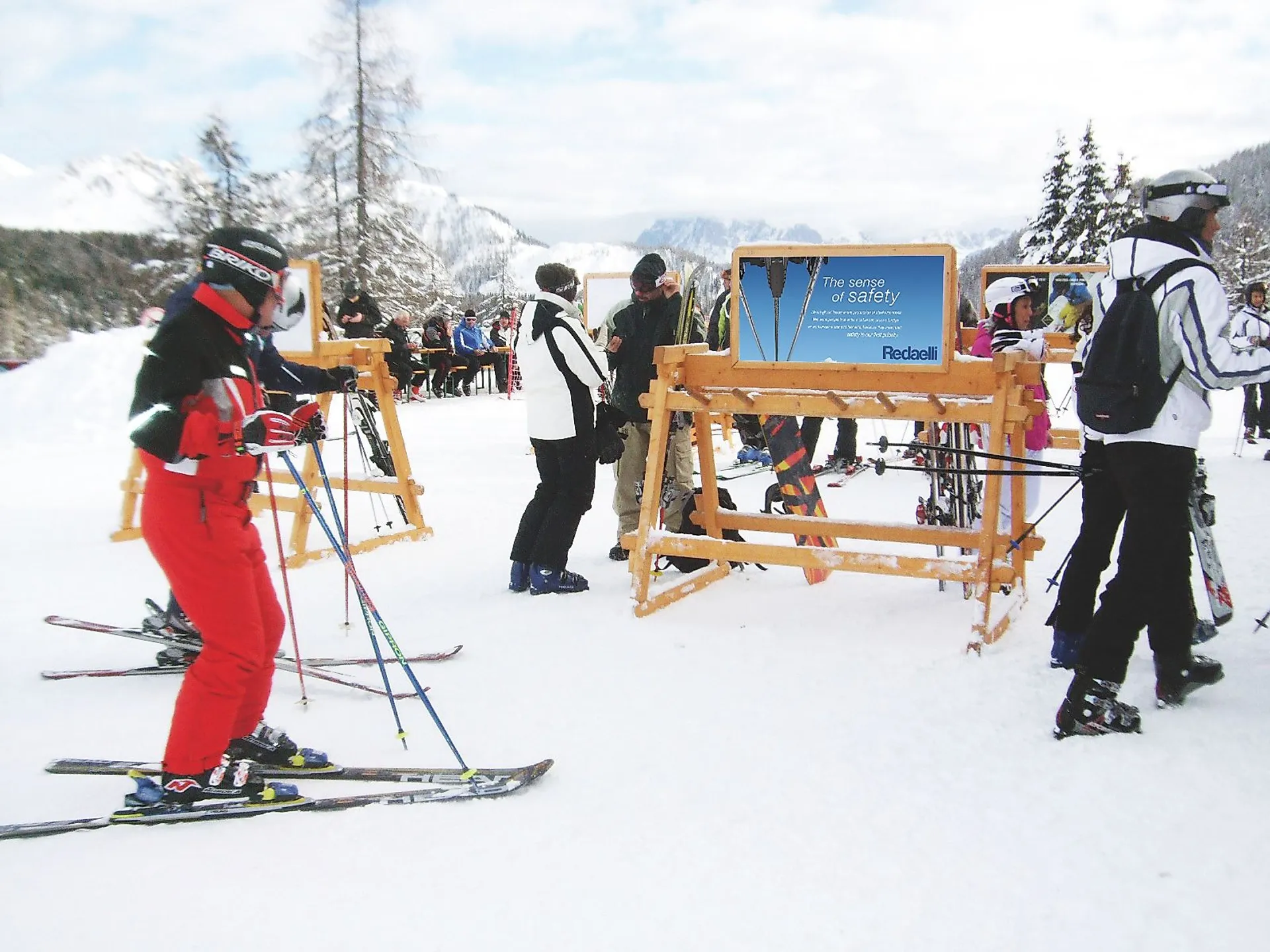 Ski rack advertising with Redaelli motif in the Italian Alps