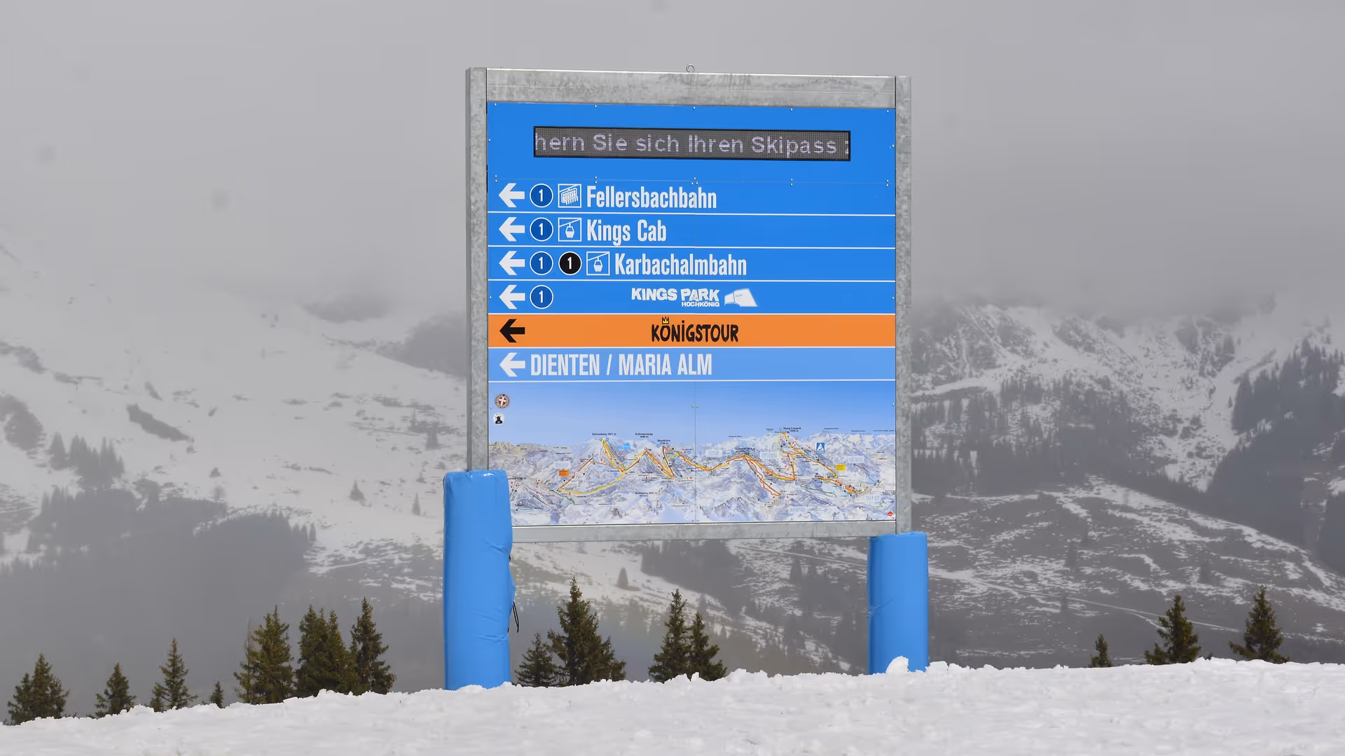 Ski slope guidance system with LED ticker and winter panorama map in the Hochkönig ski area, Mühlbach