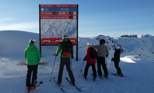 Ski slope guidance system with LED status displays and winter panoramic map