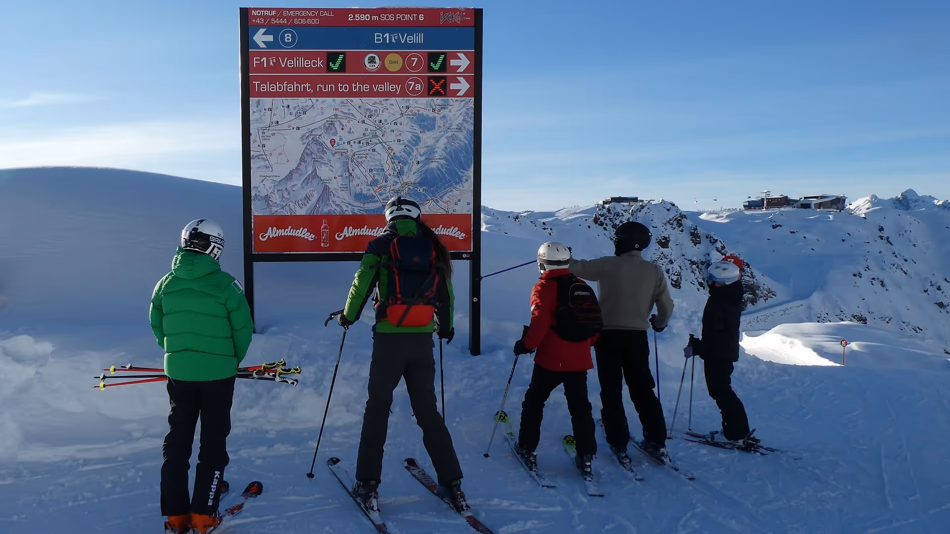 Ski slope guidance system with LED status displays and winter panoramic map