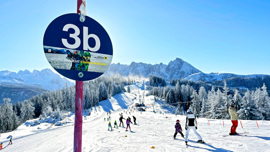 Ski slope markings for blue slopes with Raiffeisen Upper Austria motif in the Dachstein West ski area
