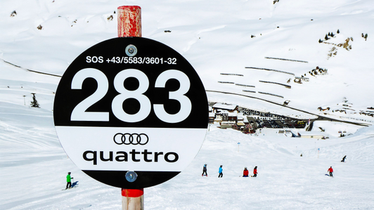 Black ski slope board in the Ski Arlberg ski area, Warth