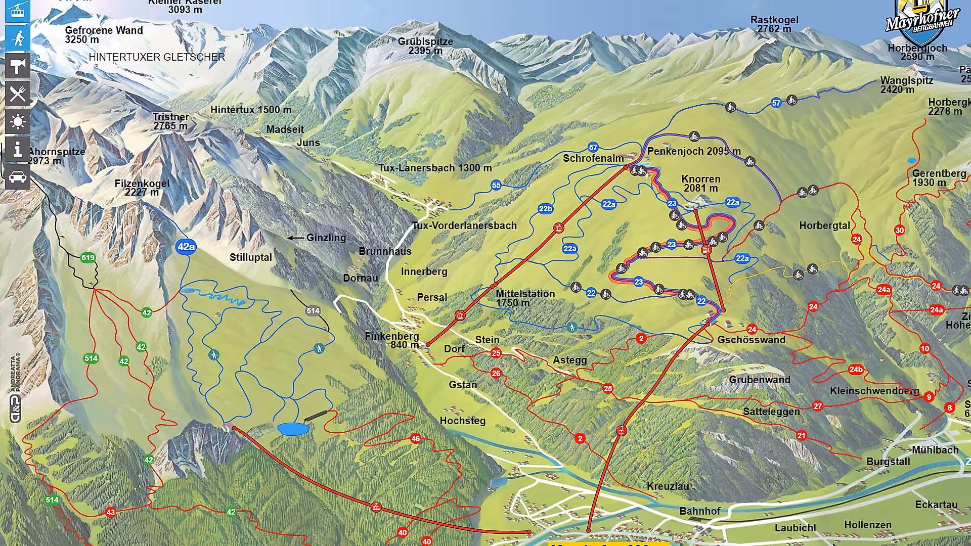 Hikemap of the Mayrhofen summer mountain region