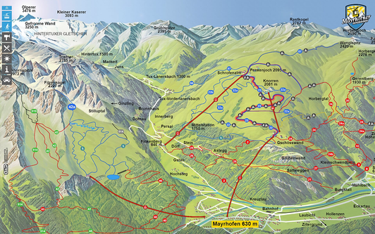 Hikemap of the Mayrhofen summer mountain region