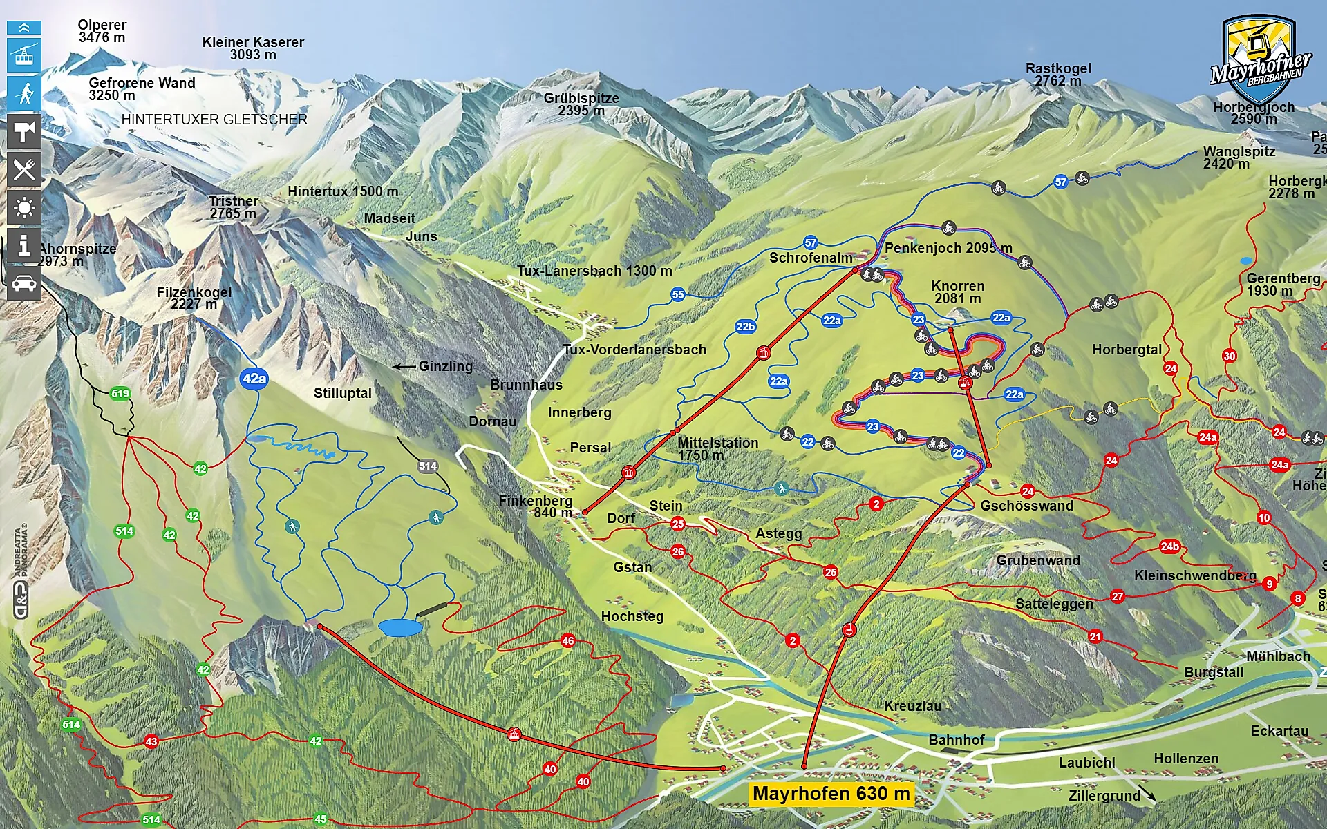 Hikemap of the Mayrhofen summer mountain region