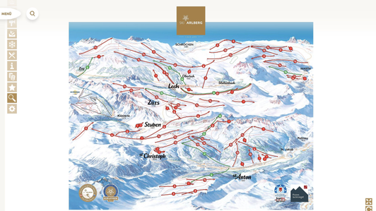 Skimap - Screen display of the Ski Arlberg ski region