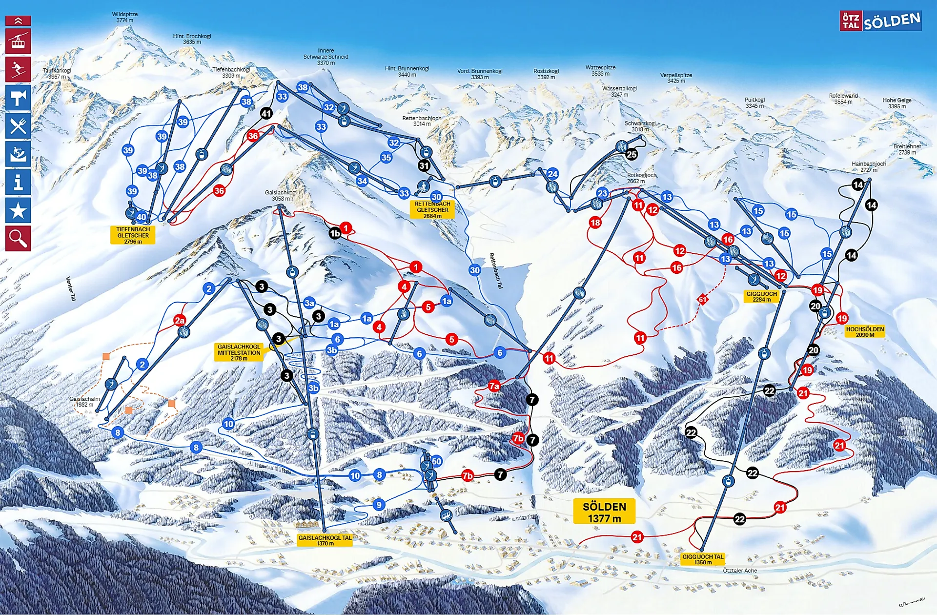 Ski map of the Sölden ski area, Austria