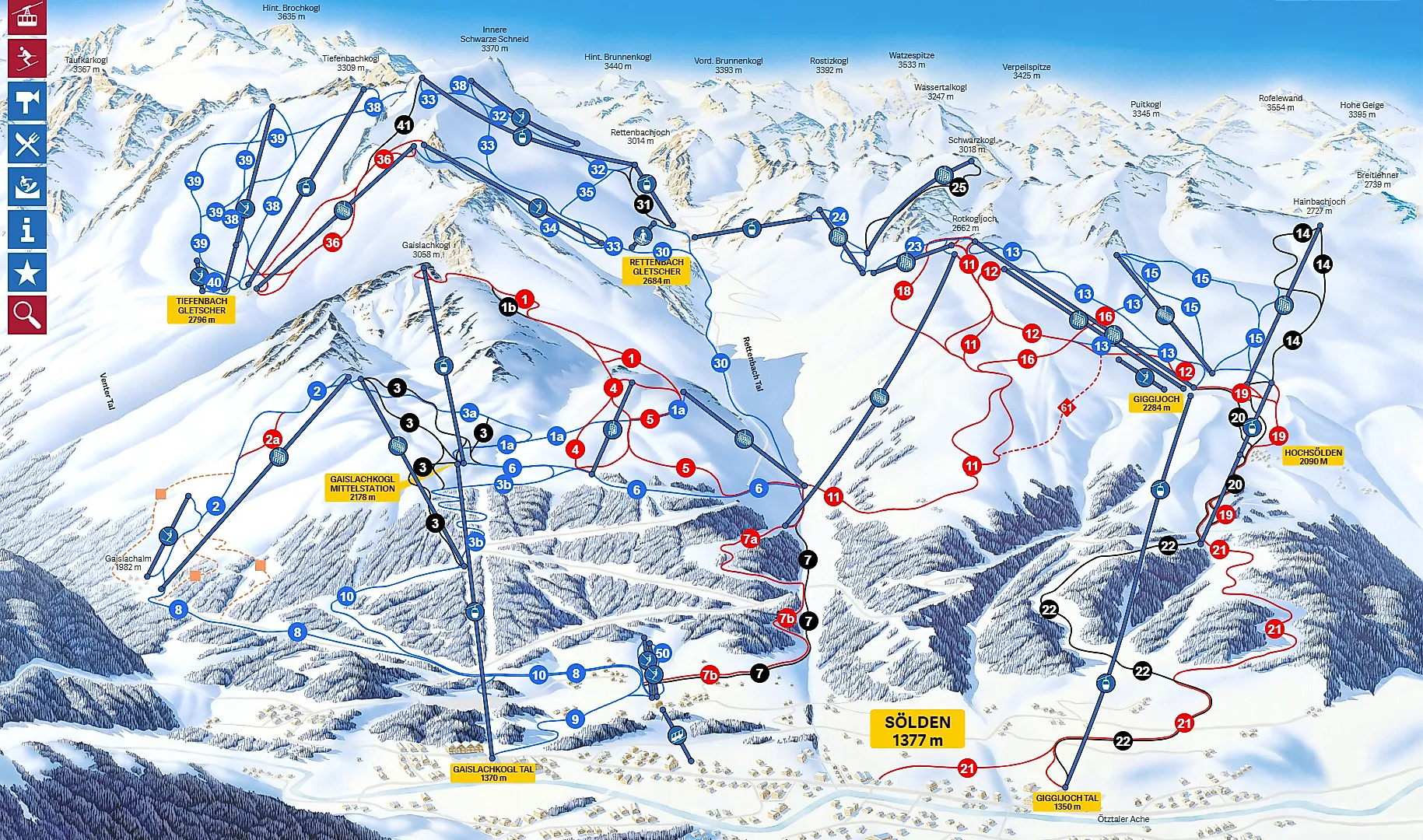 Ski map of the Sölden ski area, Austria