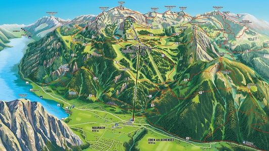 handgemaltes Sommerpanorama des Ski- und Wandergebiets Rofan, Maurach am Achensee