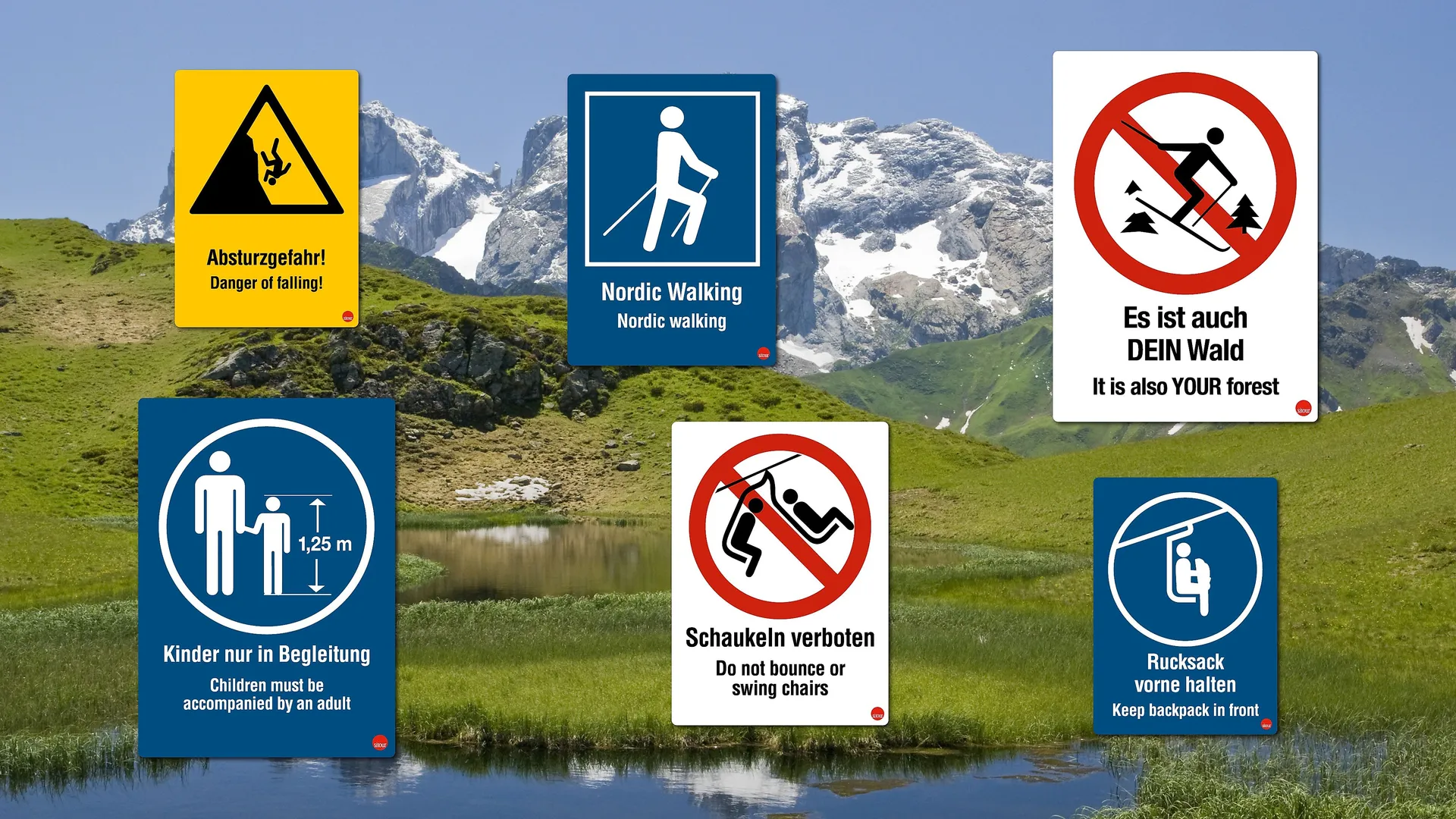System board collage with warning, mandatory and prohibition signs for summer mountain regions