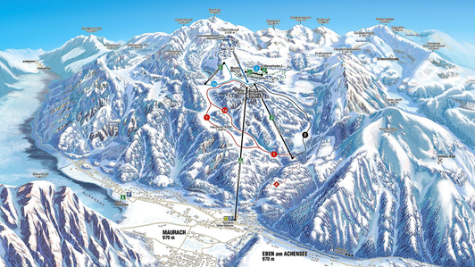 handgemaltes Winterpanorama des Ski- und Wandergebiets Rofan, Maurach am Achensee