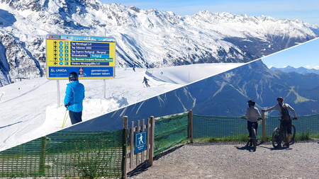 Kollage aus eine Winter- und Sommerfoto mit einem Skifahrer vor einem Pistenleitsystem und einer verschneiten Bergkette und zwei Mountainbikern vor einer Bergkulisse im Sommer